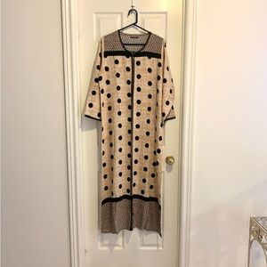 Beige Polka Dot Long Abaya dress with Black Trim